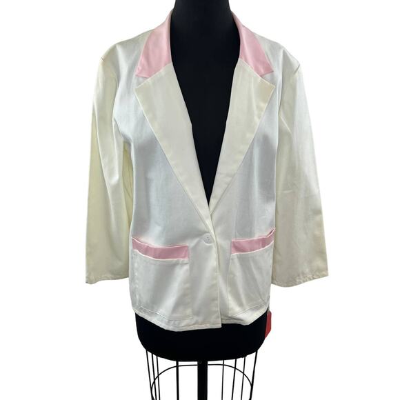 VINTAGE Frederick's of Hollywood Ivory Notched Lapel Cotton One Button Jacket 7 - Picture 1 of 10